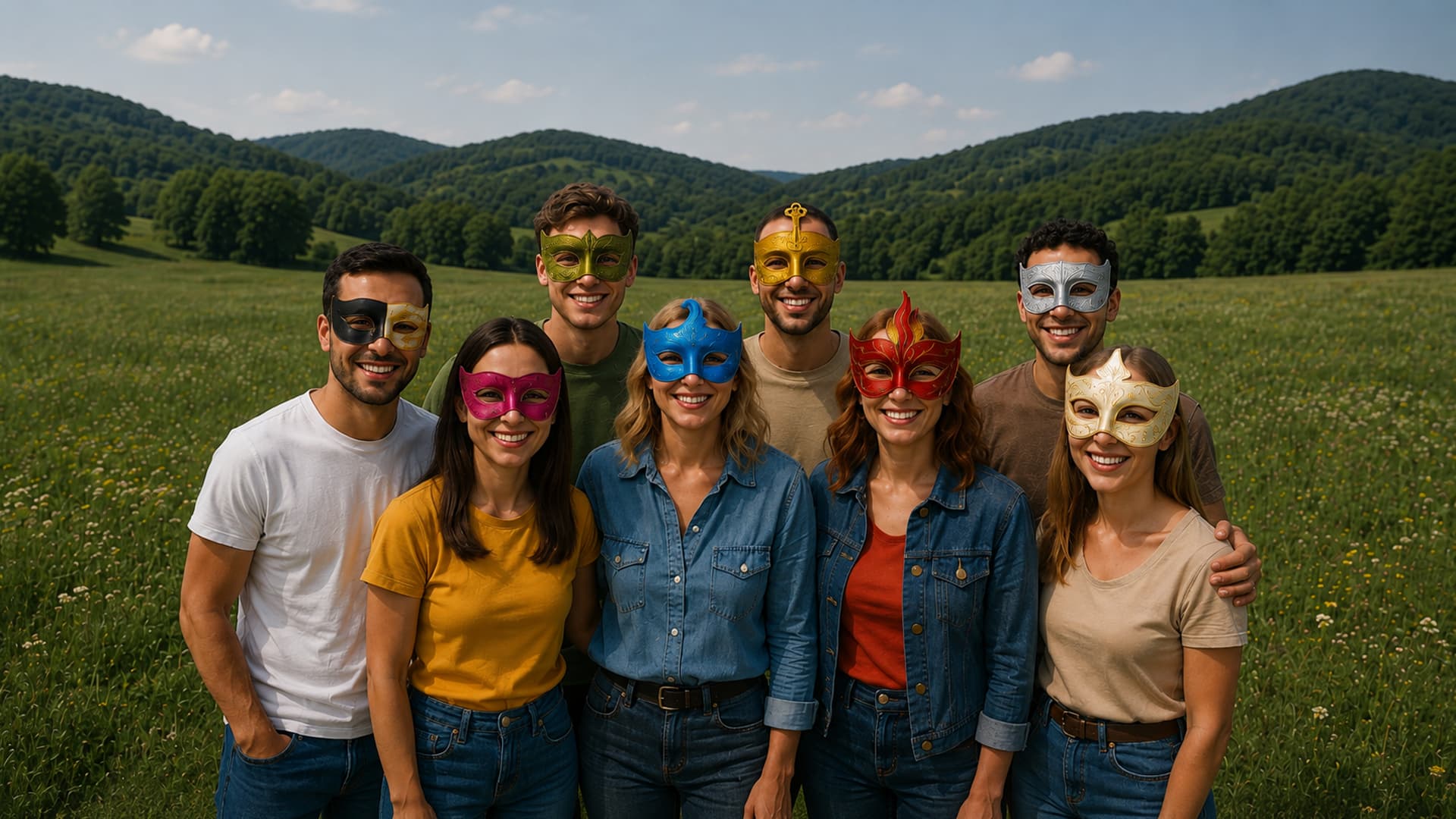 People wearing the eight Avlli archetype masks