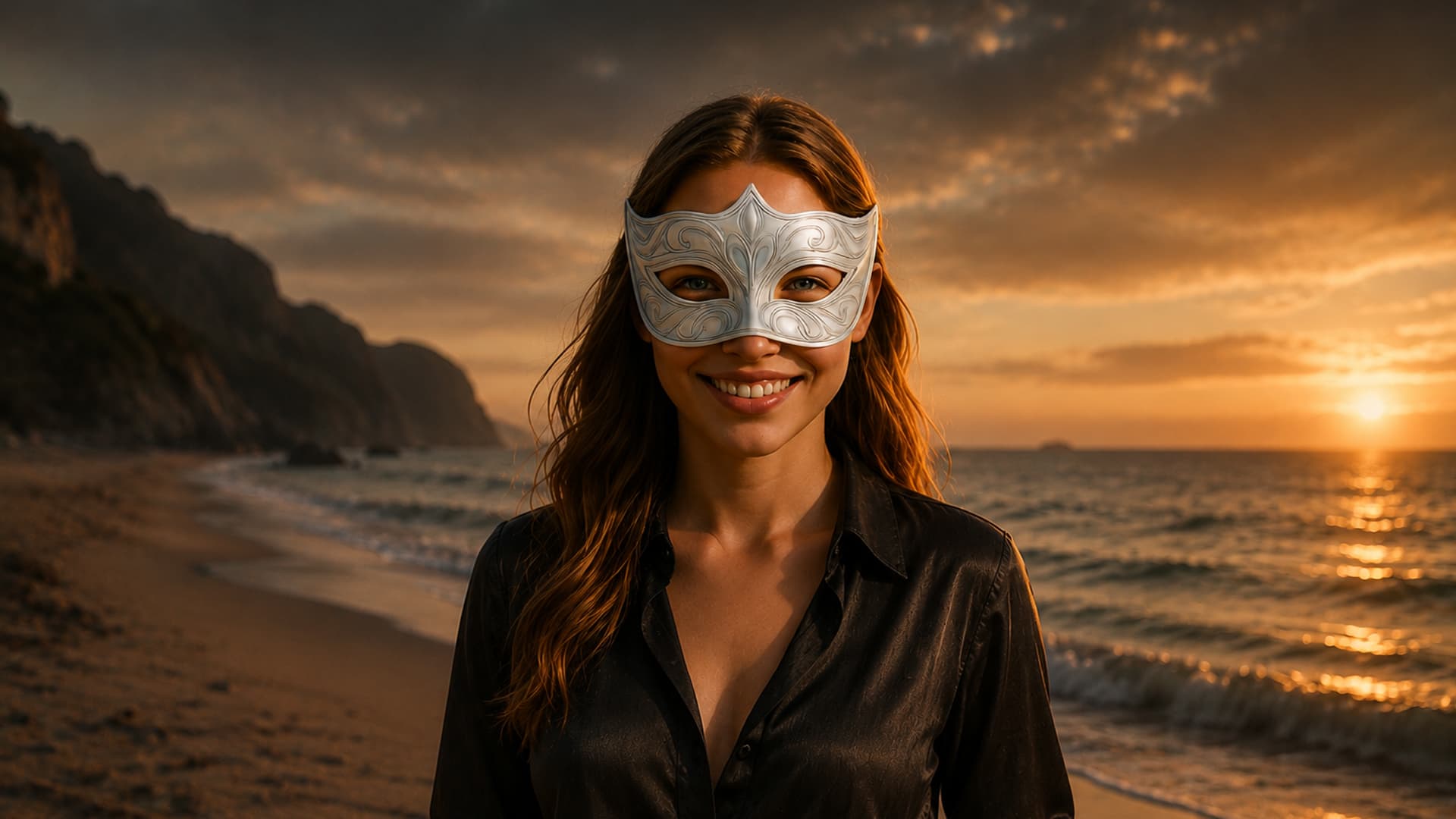 A woman with red hair wearing a red and gold masquerade mask, standing in a green field.